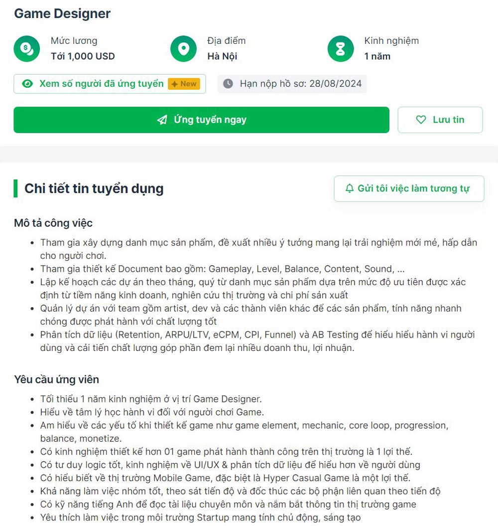 Mô tả công việc (Job Description) Game Designer chi tiết.