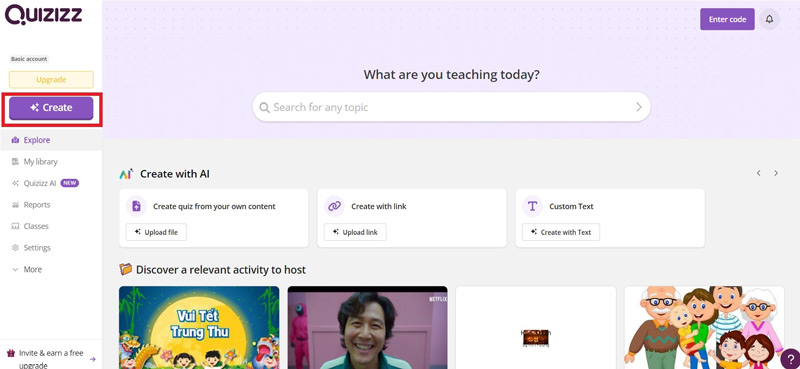 Bước 1: Đăng nhập vào Quizizz bằng tài khoản vừa lập, tại giao diện chính bấm chọn “Create”.