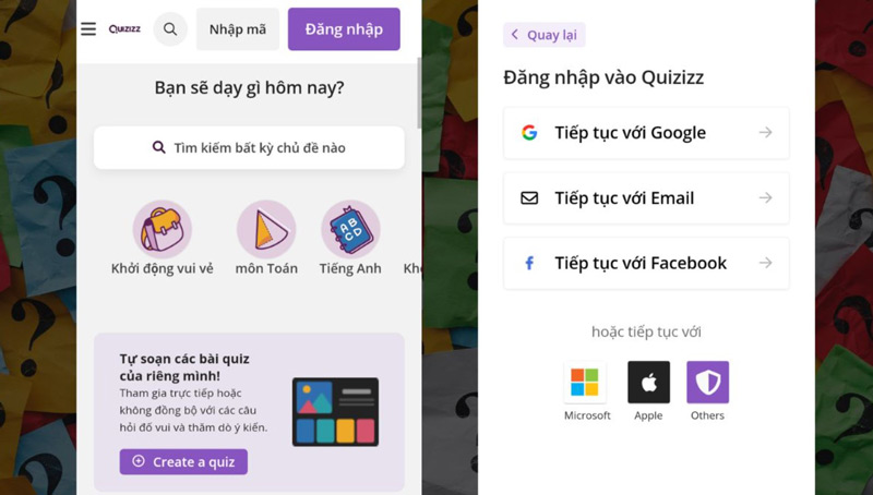 Bước 3: Lúc này, giao diện sẽ tự động điều hướng sang khung đăng nhập. Tại đây bạn có thể lựa chọn đăng nhập vào Quizizz bằng tài khoản Google, Email hoặc Facebook.